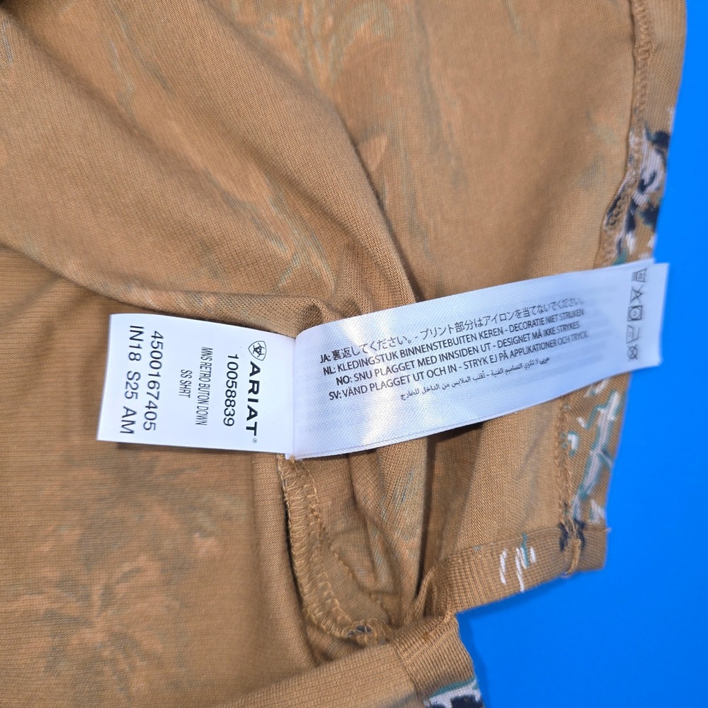 Ariat Mens Retro Button Down Shirt S Modern Slim SS Mocha Tropical Palm Tree NWT - Picture 8 of 11